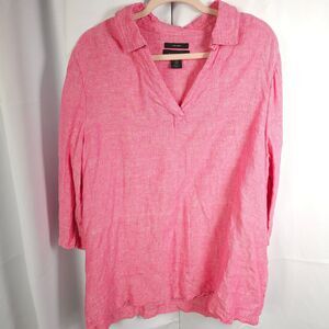 Tahari Womens 1X Pink 100% Linen V-Neck 3/4 Sleeve Popover Tunic Blouse